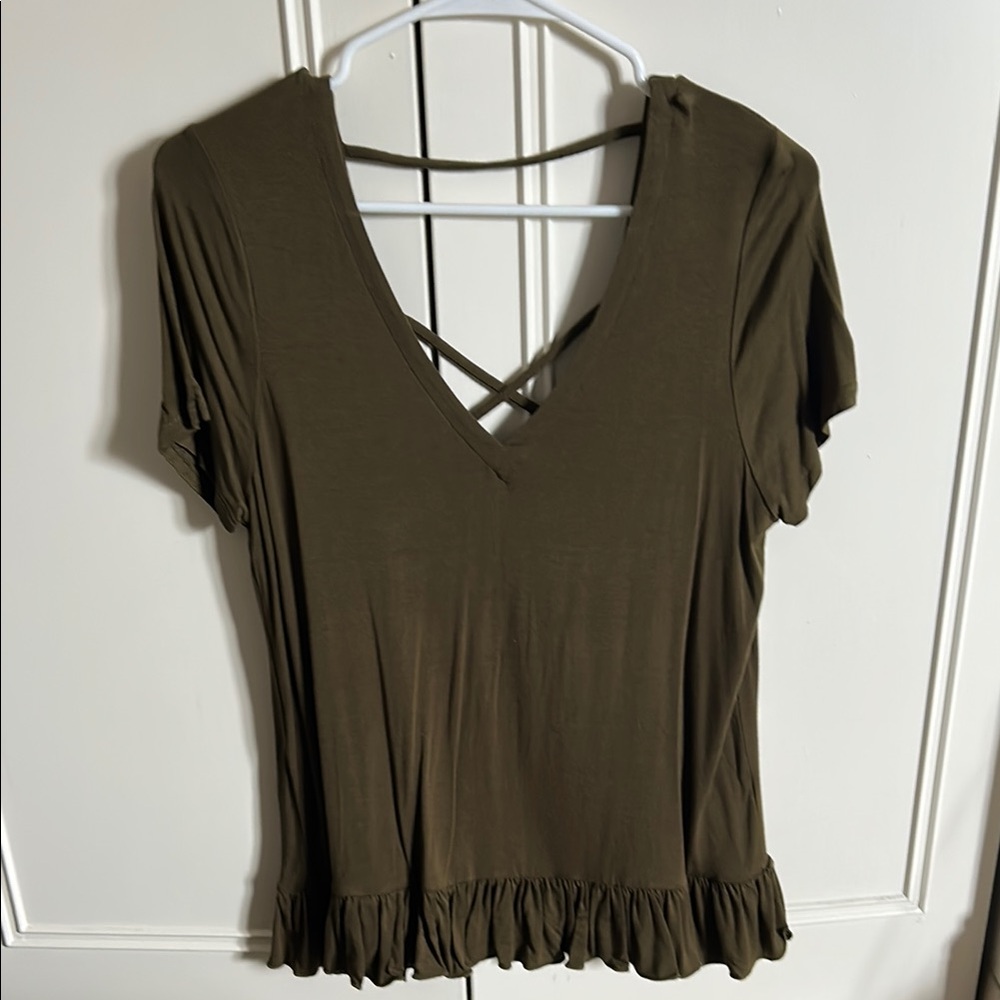 Olive Green V-Neck Ruffle Hem Top